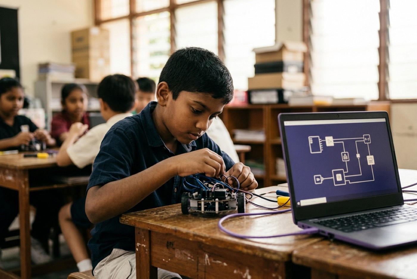 A young primary school student carefully adjusting wires on a small robotics chassis while consulting a laptop diagra...