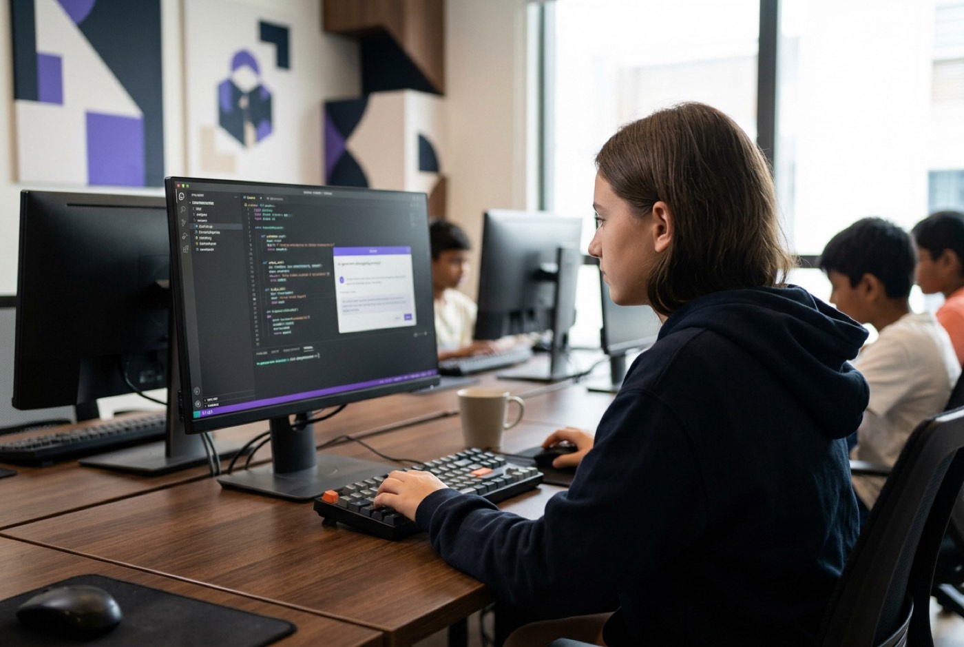 A teenager reviewing lines of Python code on a monitor while an AI prompt window displays suggested debugging steps, ...