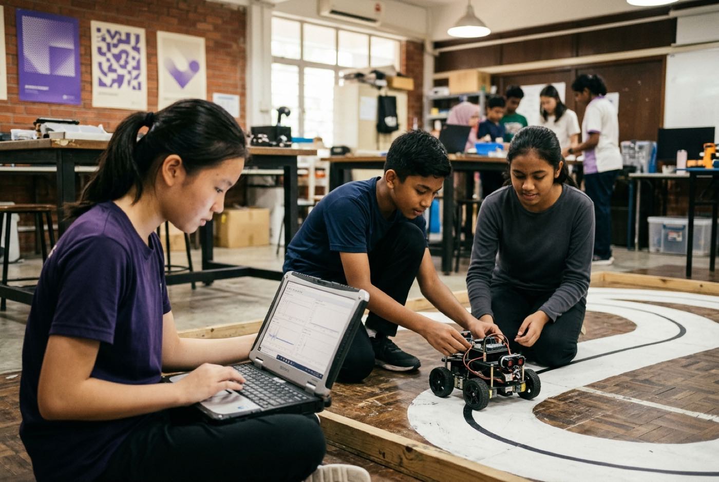 A group of secondary students testing a custom four-wheeled autonomous robot on a floor track while monitoring sensor...