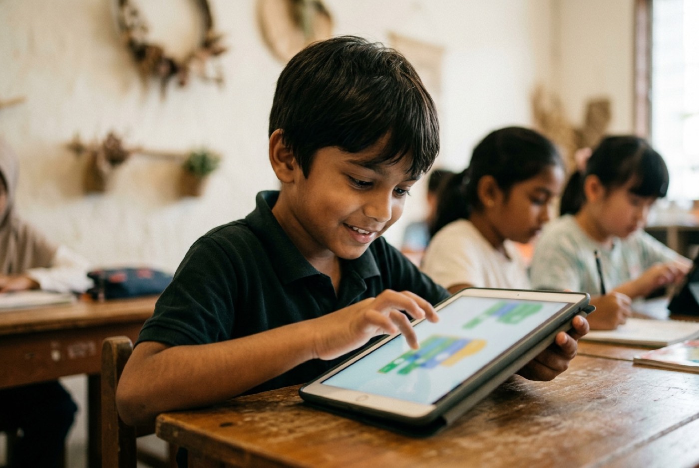 A young primary school student manipulating colorful visual code blocks on a tablet screen to animate a sprite character