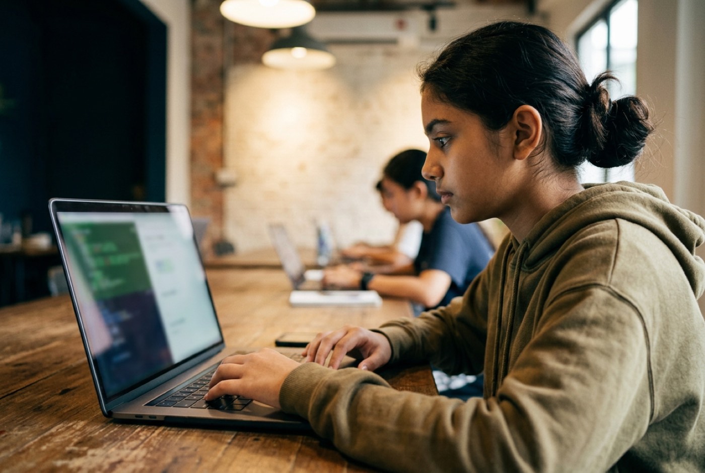 A teenager split-screening a text editor with JavaScript code on the left and a live rendering web application on the...