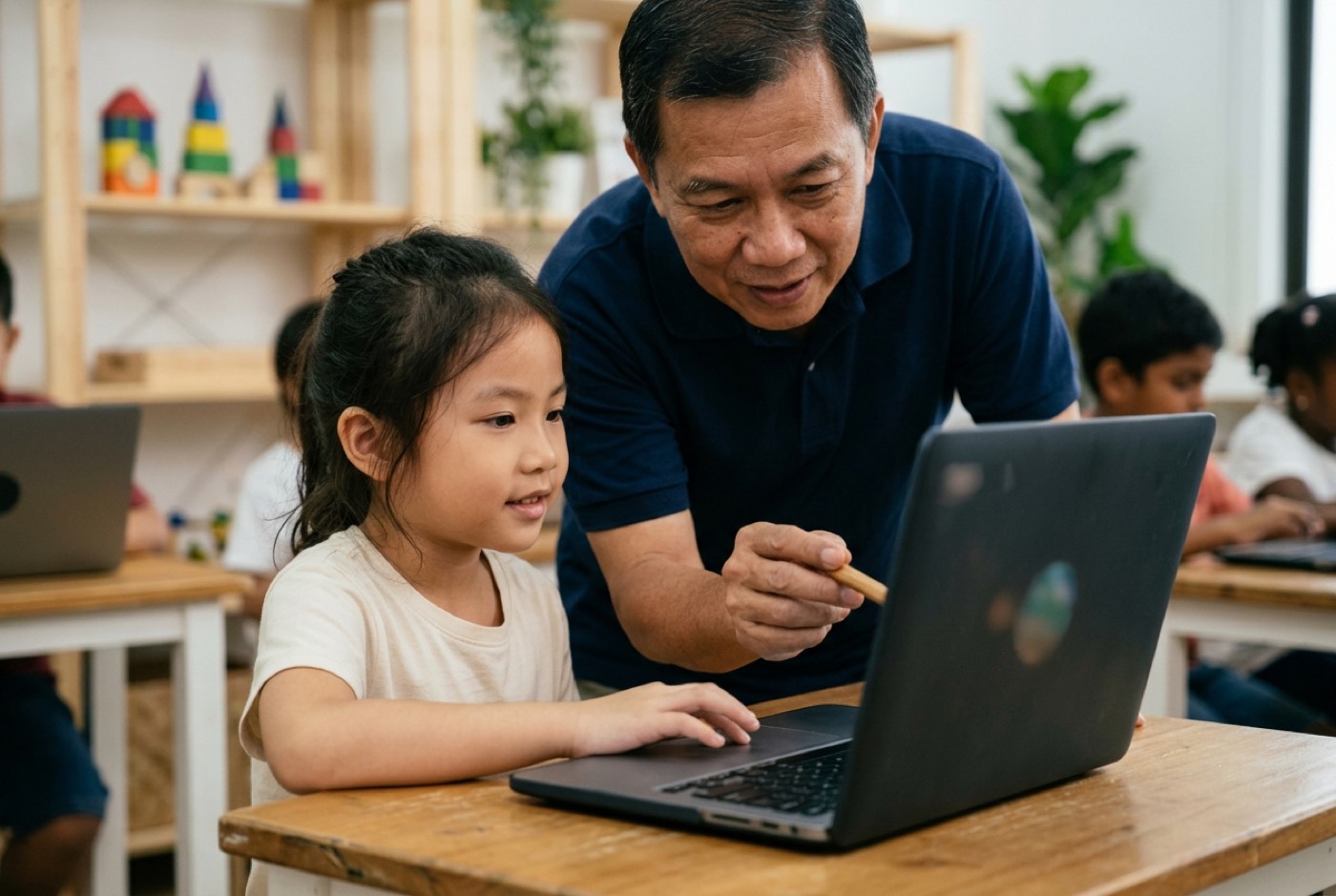 A senior instructor guiding a young student at a clean wooden desk, demonstrating code on a display while encouraging...