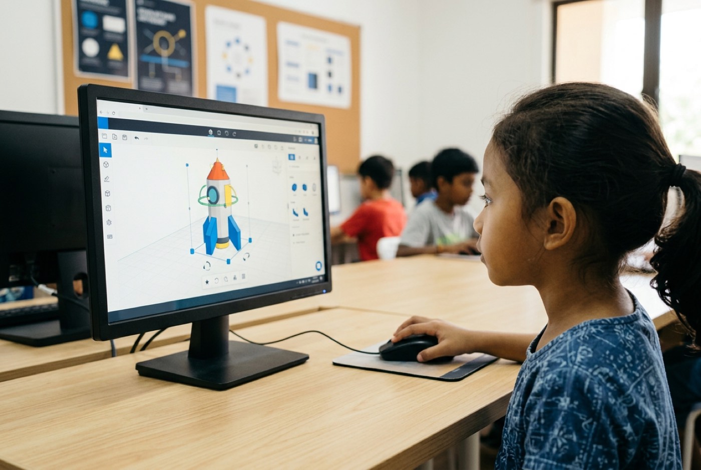 A young primary school child seated at a clean wooden desk, holding a computer mouse and adjusting a colorful 3D rock...