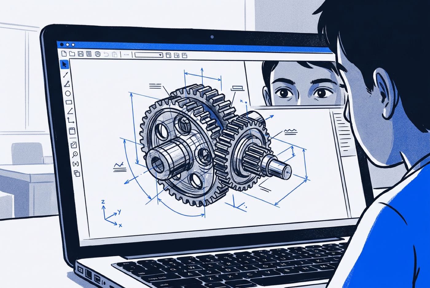 A close-up view of a laptop screen displaying a detailed 3D mechanical gear assembly inside a CAD tool, with digital ...