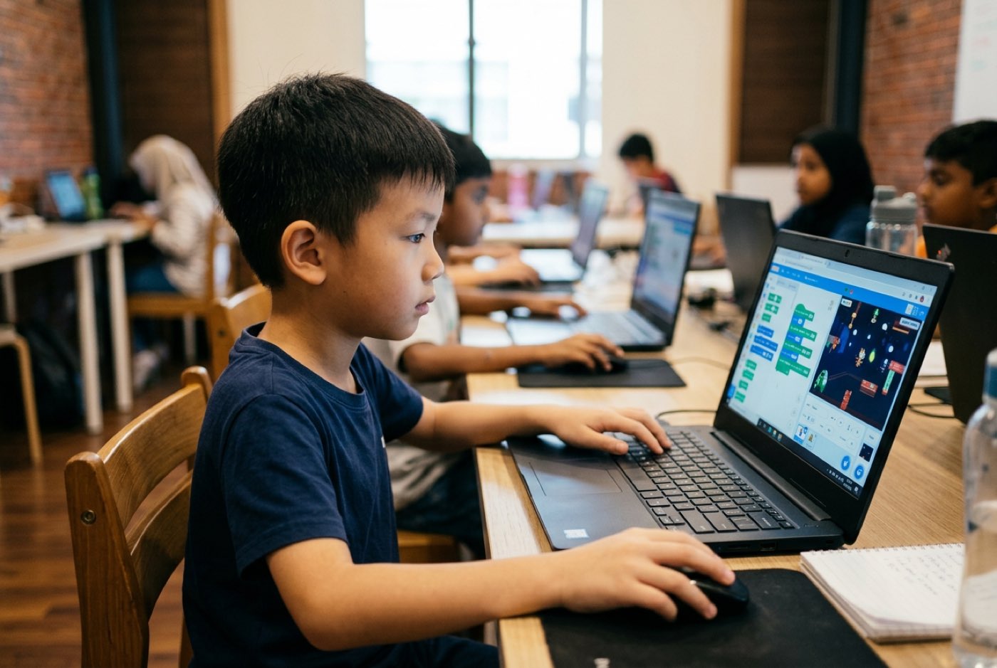 A young boy sitting at a desk with an interactive game project on screen showing code blocks and running graphics sid...