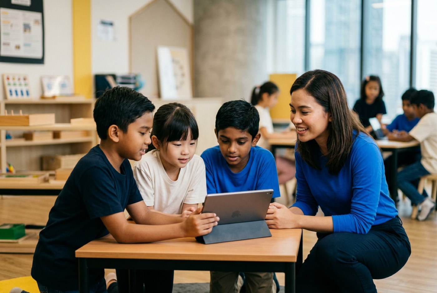 Modern collaborative classroom setting showing young students demonstrating an AI prototype on a tablet to a instructor