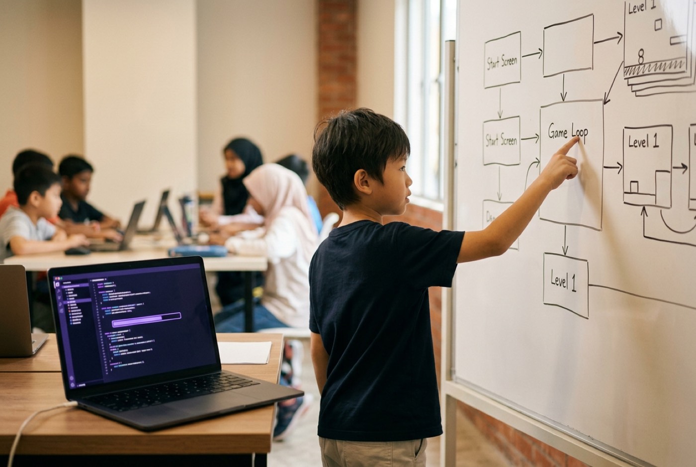 A child pointing at a whiteboard diagram of a game architecture while an AI code generator runs on a laptop nearby