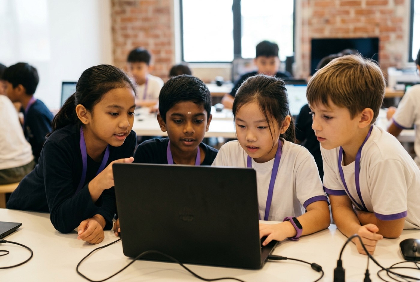 A group of diverse young students in a bright lab collaborating on a game development project on laptops
