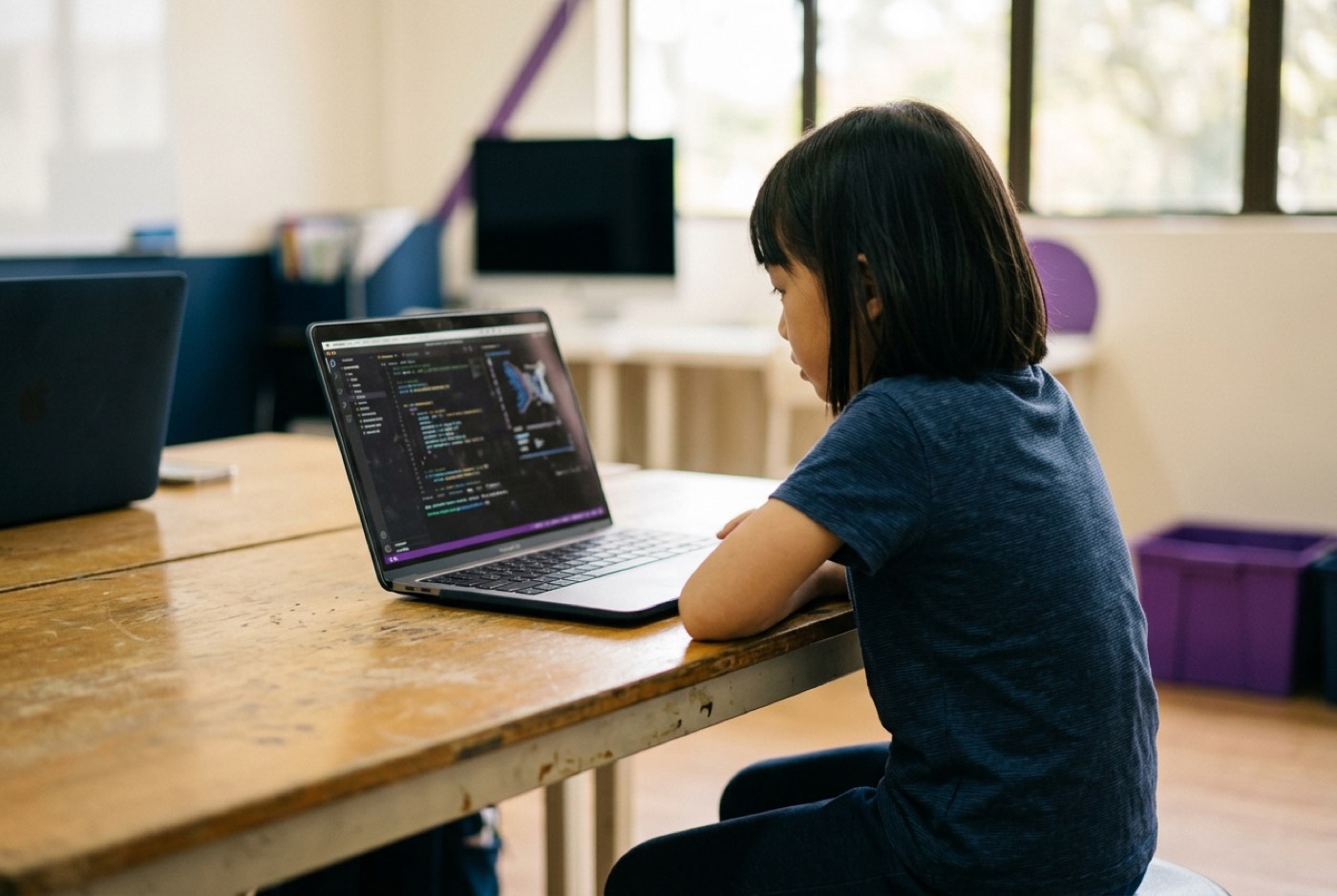 A young student interacting thoughtfully with a laptop displaying code and AI parameters in a modern classroom setting