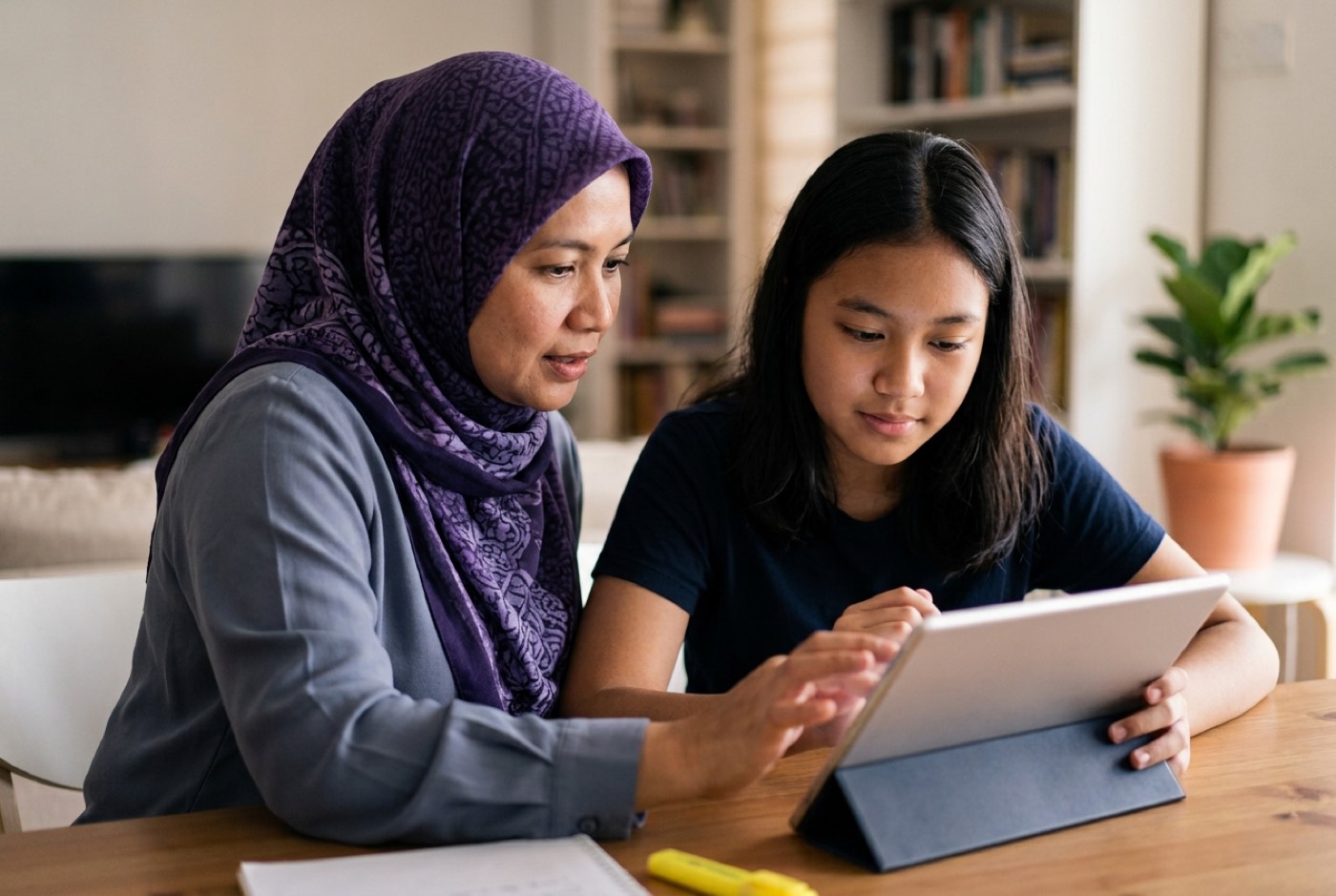A parent and teenage child sitting comfortably at home discussing online safety settings on a tablet device