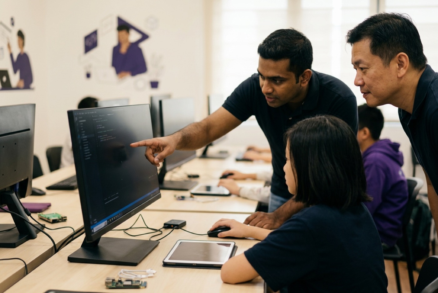 A parent and instructor observing a student demonstrate a custom Python AI project on a monitor
