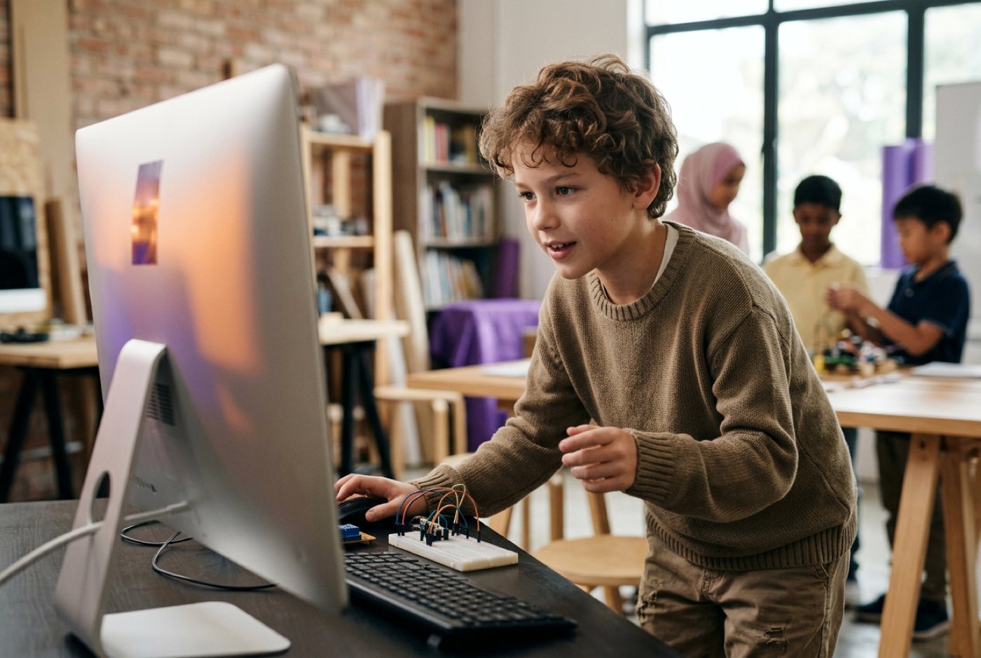 A young student demonstrating a custom web application connected to an AI API on a modern desktop computer