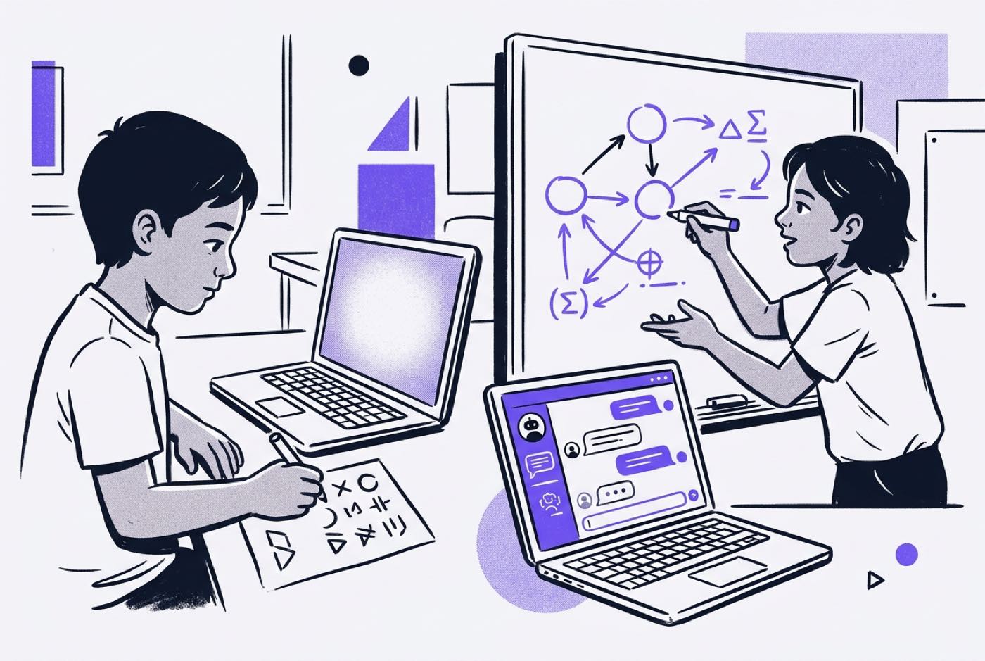 A child looking passively at a computer screen copying text versus an active student drawing a logic diagram beside a...