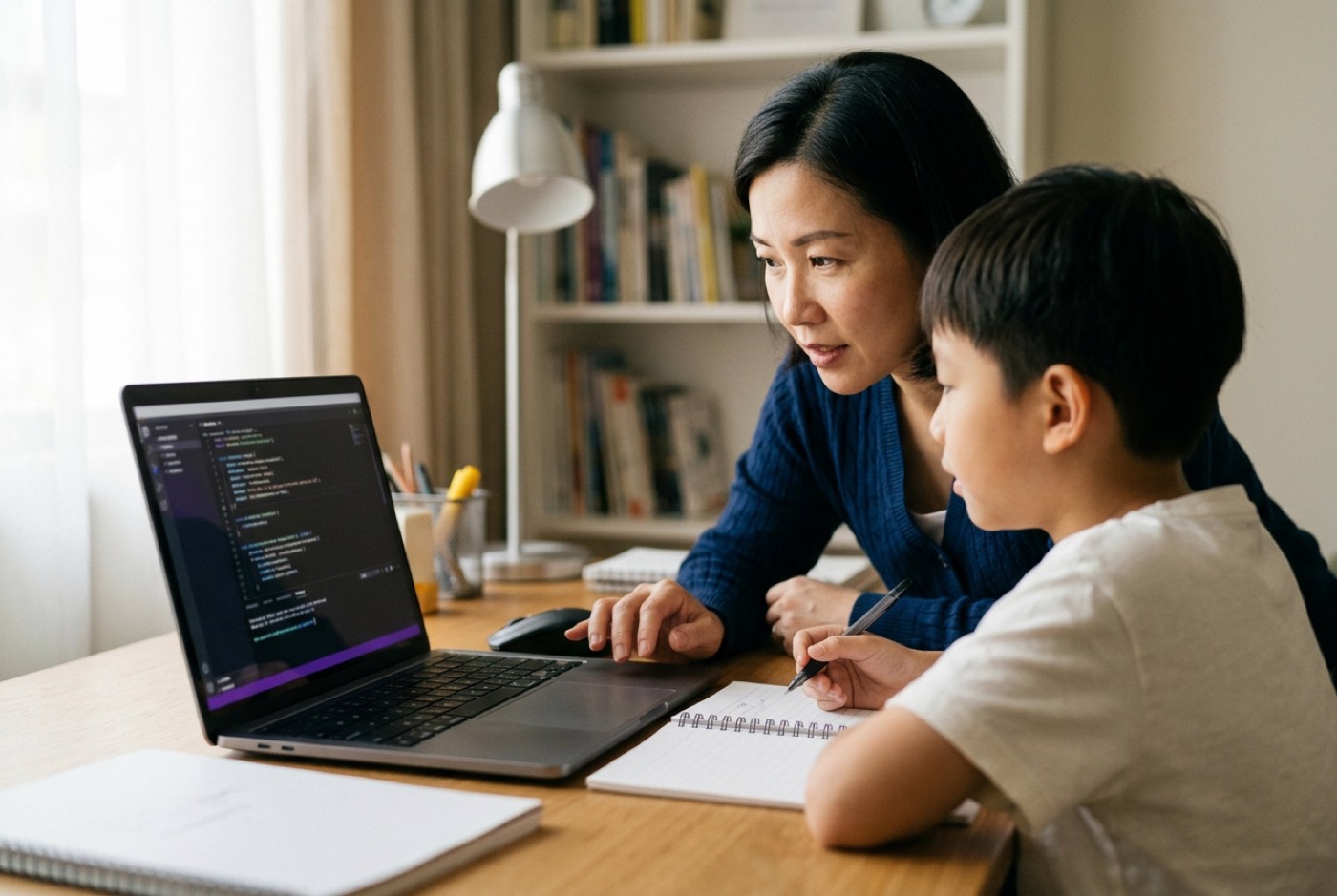 A parent and child sitting together at a desk looking at a laptop screen, discussing and fact-checking an AI response