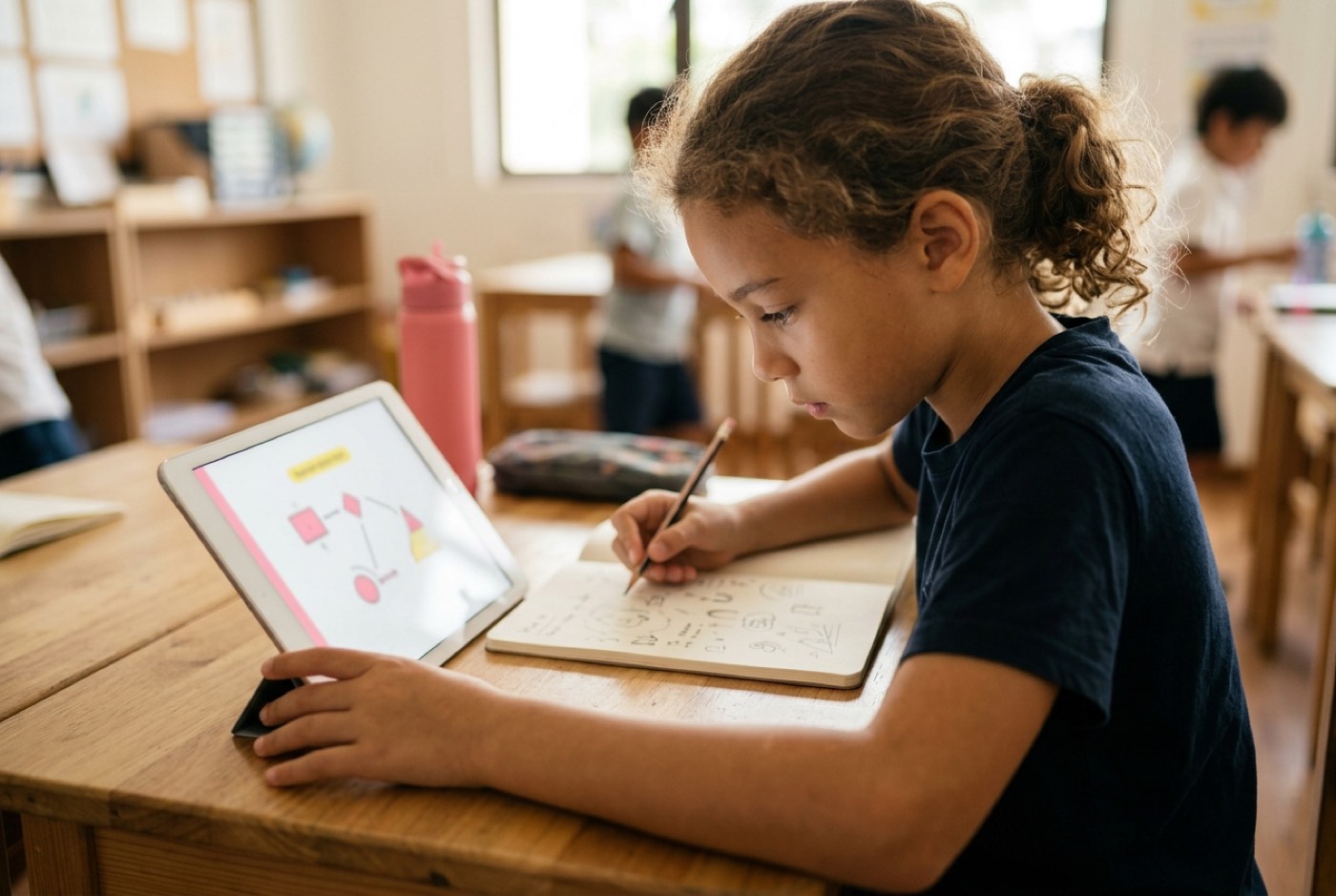 A young student working on a tablet showing a Socratic math hint while holding a pencil over a physical notebook