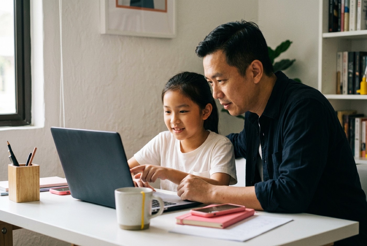 A parent and child sitting at a tidy home study desk reviewing an educational app on a laptop together