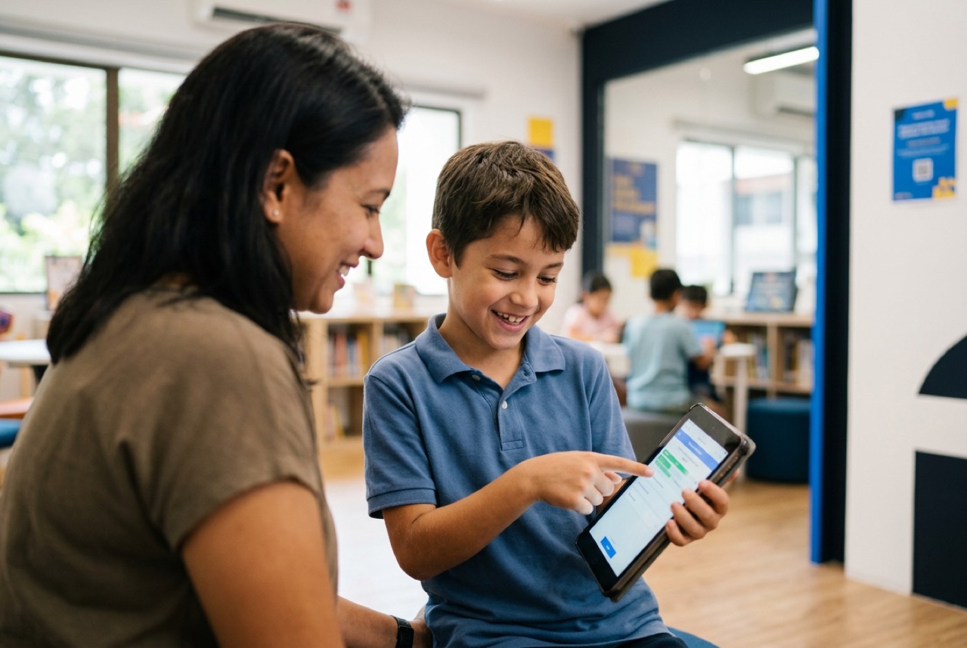 A young Malaysian primary school student holding a mobile tablet, pointing excitedly at a working quiz application sc...