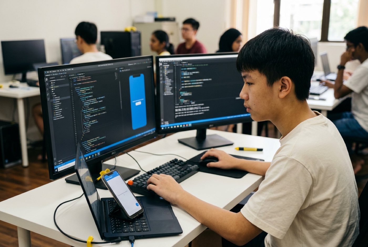 A teenage student working with an AI coding interface on two monitors, reviewing generated Flutter code and testing o...