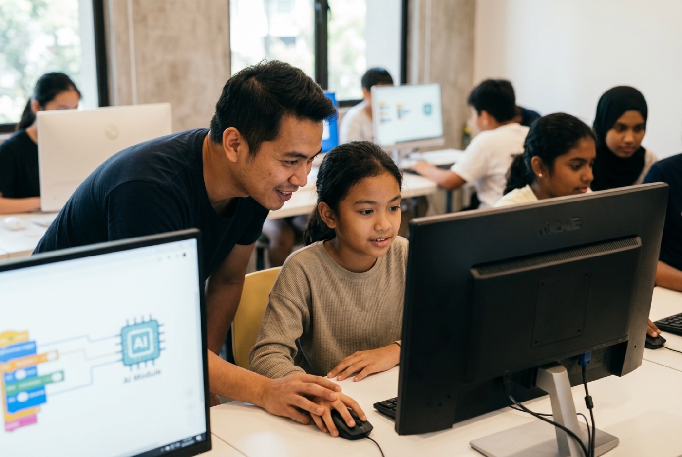 A trainer at Kidocode showing a young student how to connect visual blocks to an AI module on a desktop screen at the...