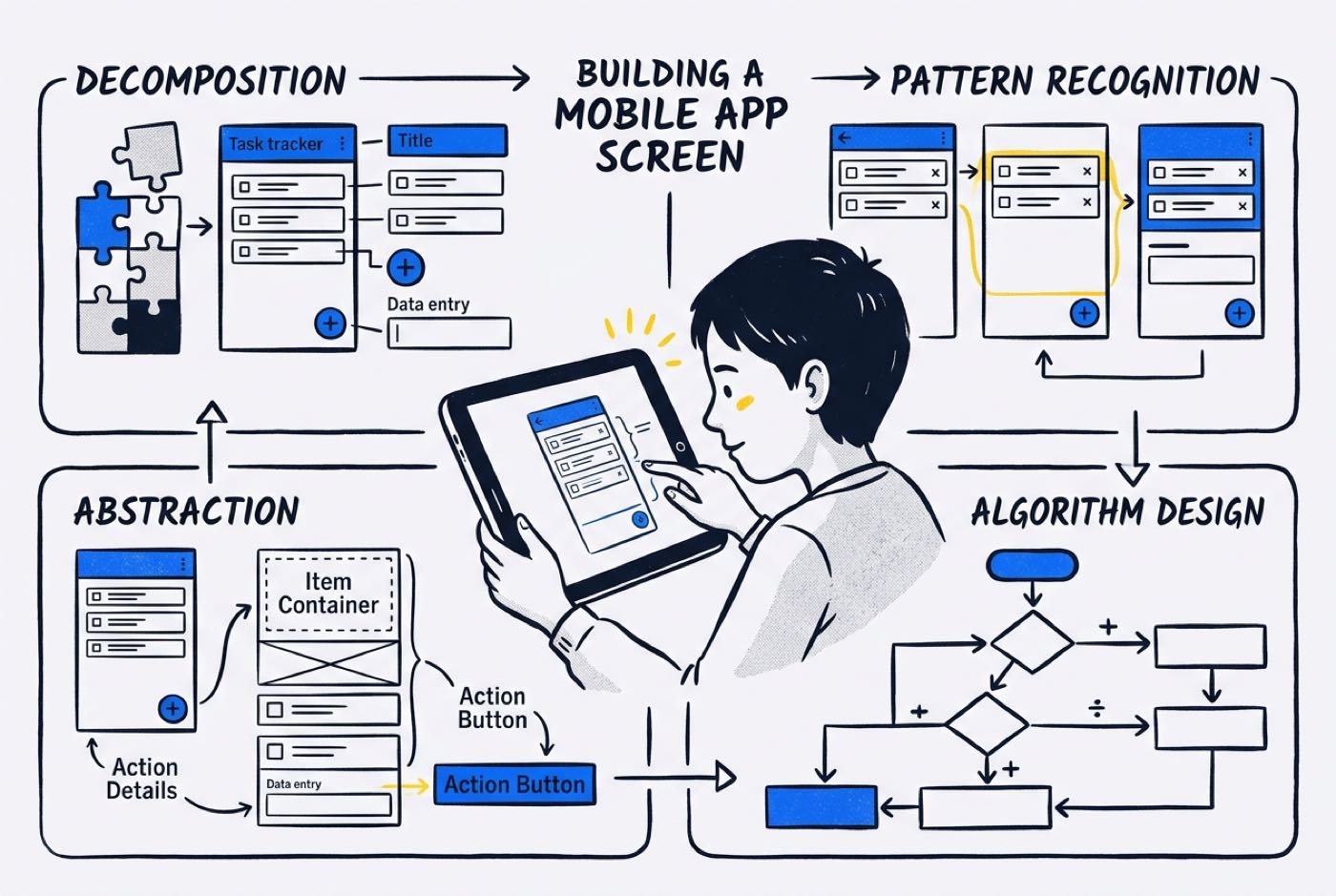 Diagram showing the four pillars of computational thinking applied to building a mobile app screen