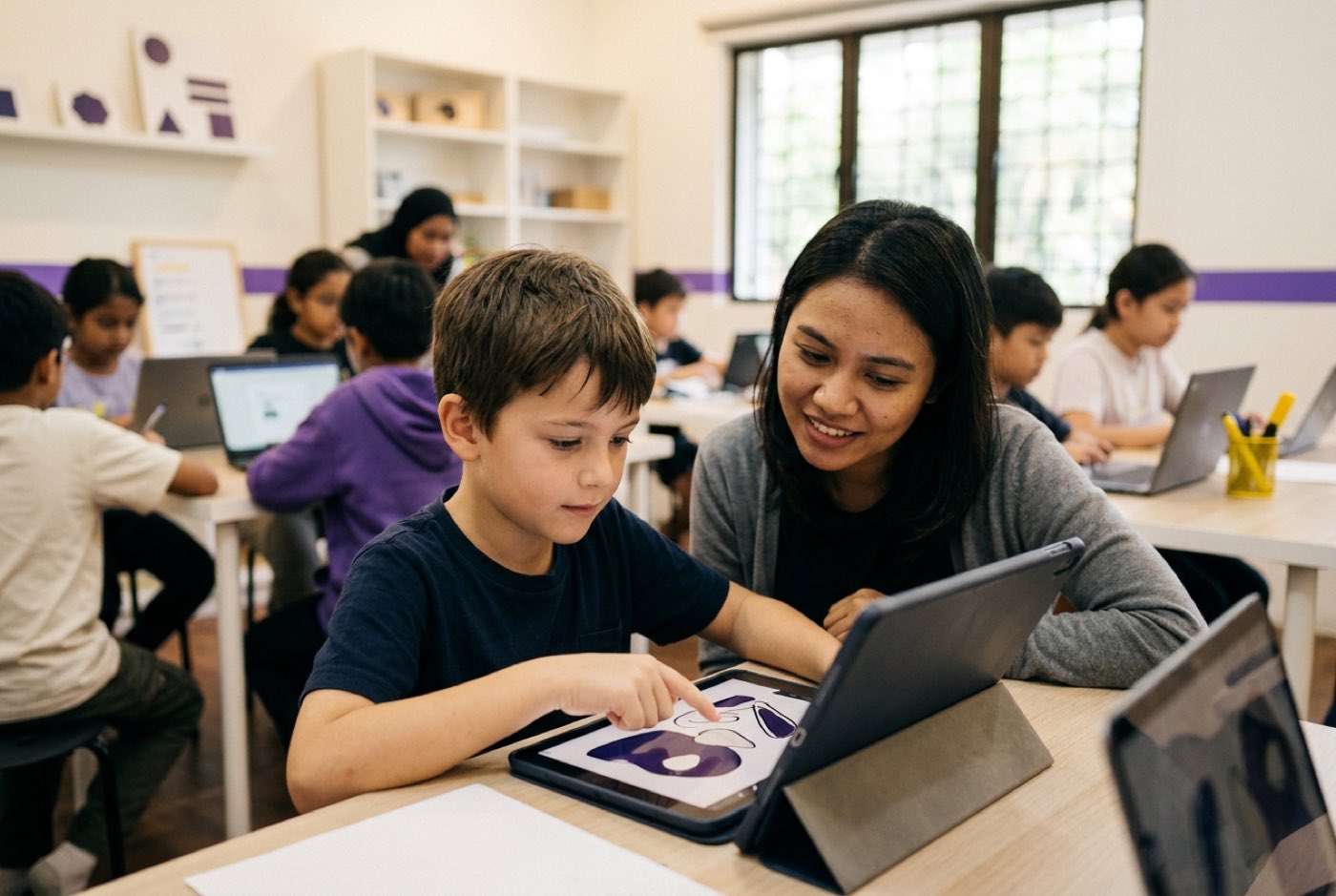 A child working thoughtfully with an instructor on a digital tablet, pointing at artistic adjustments in a bright lea...
