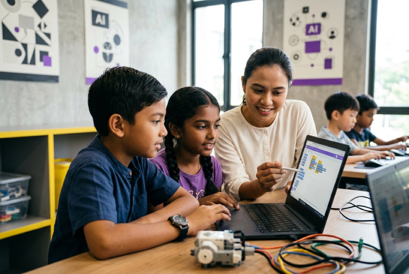 Children working together on laptops in a modern campus classroom, engaged with live instructors