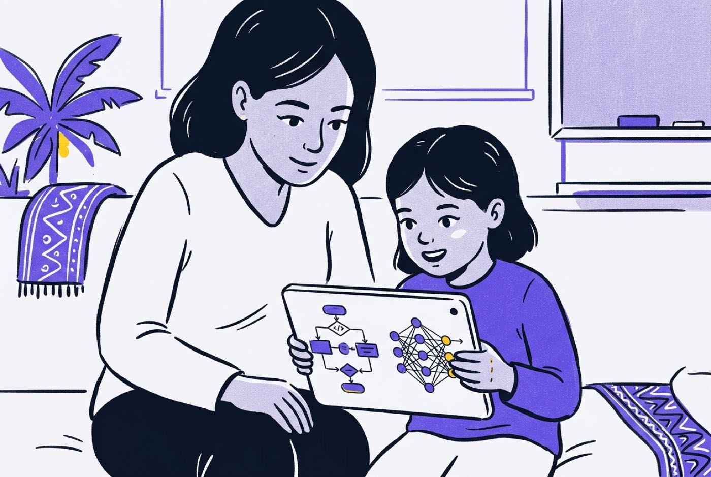 A parent and child side-by-side looking at a tablet displaying a visual comparison between a fixed code flowchart and...