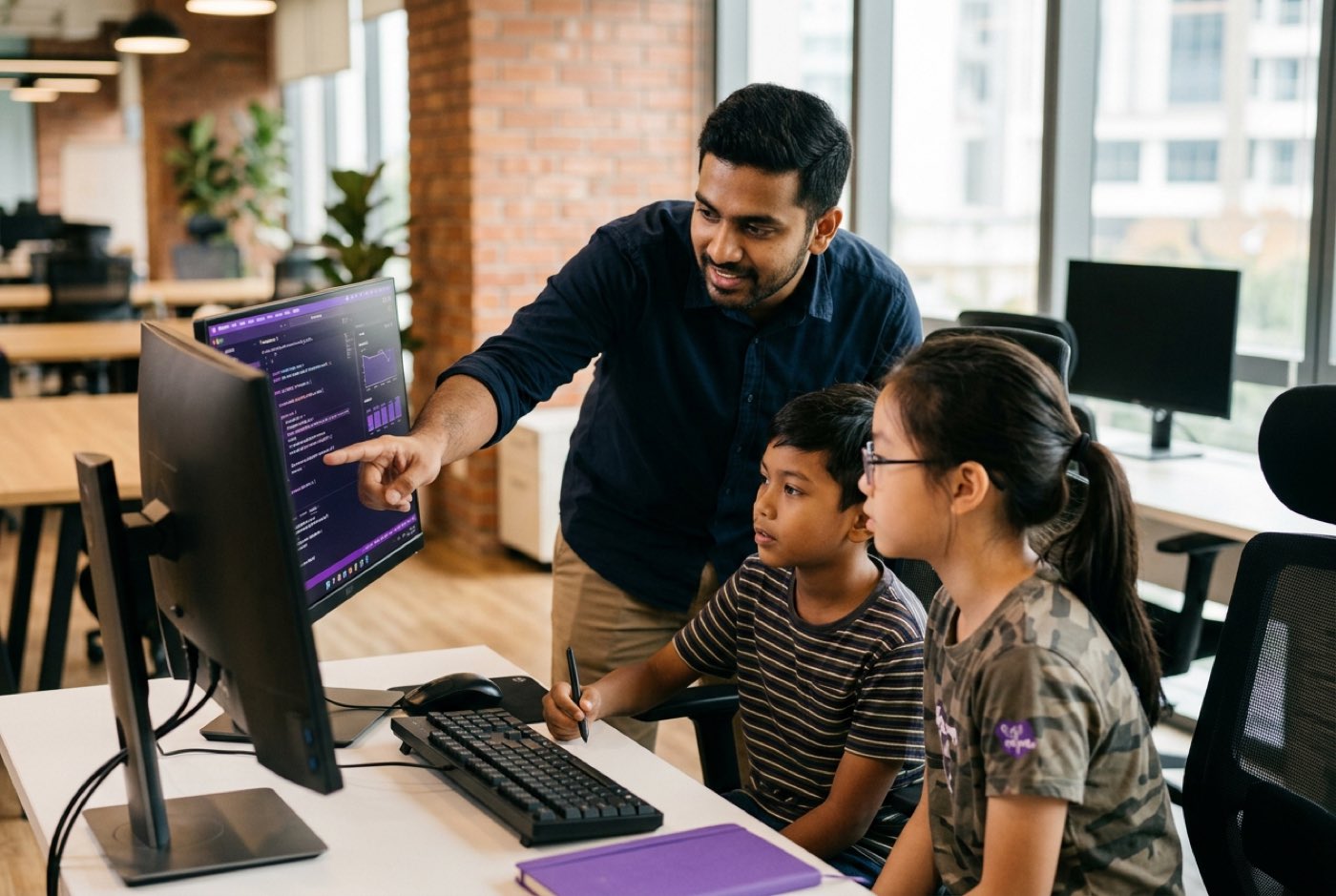 A trainer guiding two young students at a Solaris Mont Kiara workspace as they review code and test an AI project on ...
