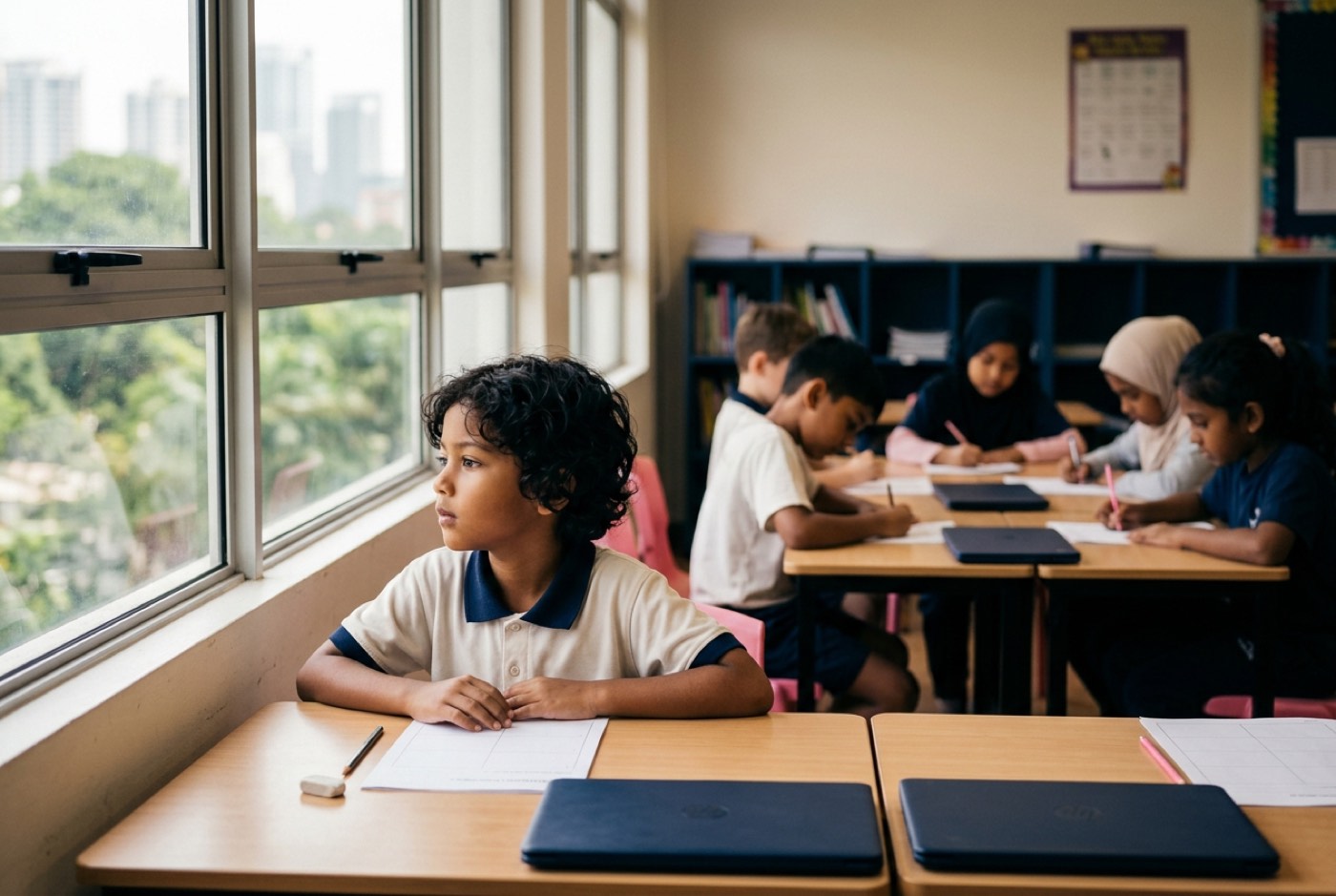A young primary school student sitting quietly at a school desk looking out the window while classmates complete math...