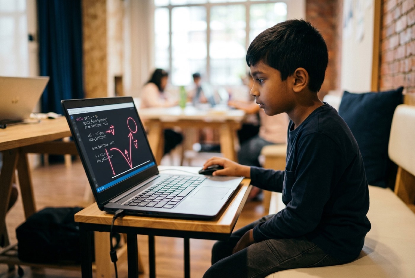 A child looking at a screen showing Python code adjusting a bouncing ball physics simulation with vector vectors over...