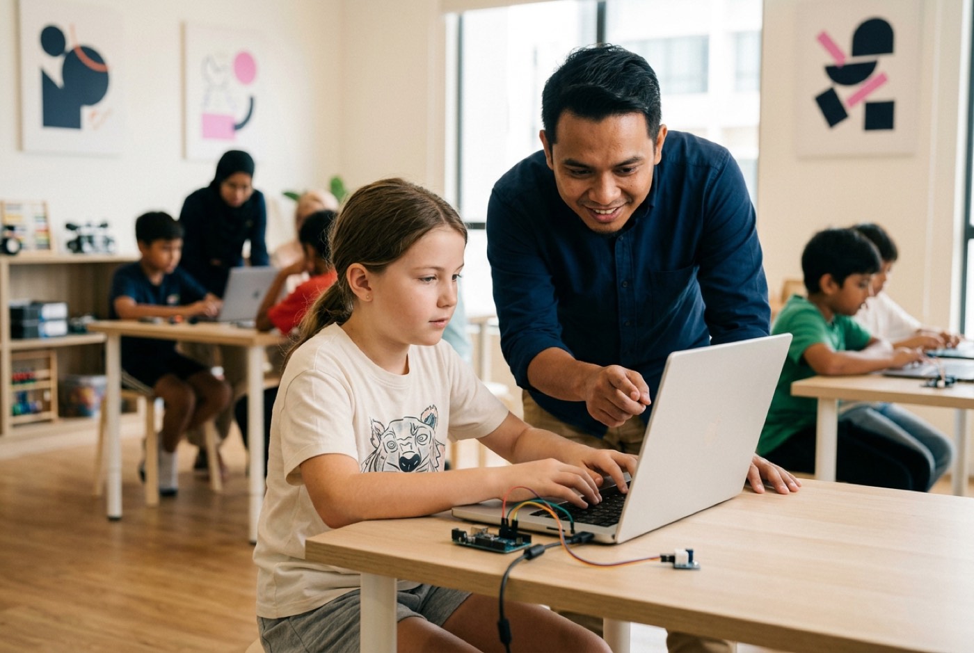 A trainer at Kidocode guiding a young student through an AI project setup at a clean modern desk