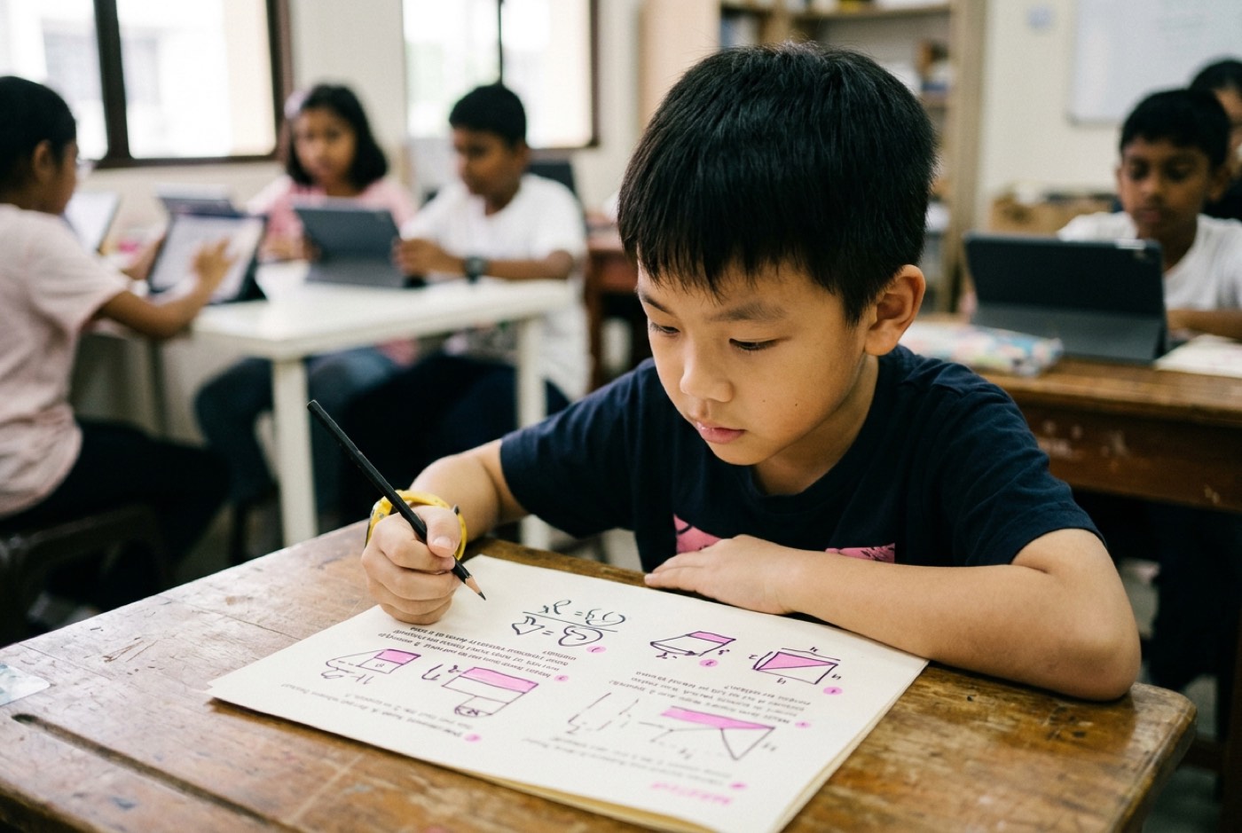 A child staring at a school math word problem while holding a pencil, with a diagram drawn on paper