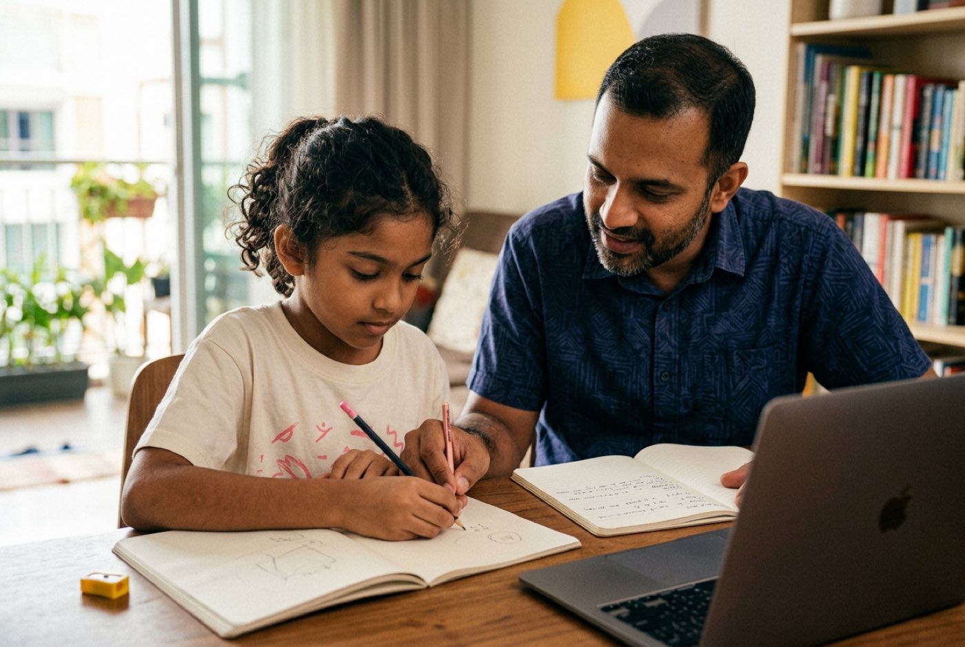 A parent and child sitting together at a desk working through a homework problem with open sketchpads