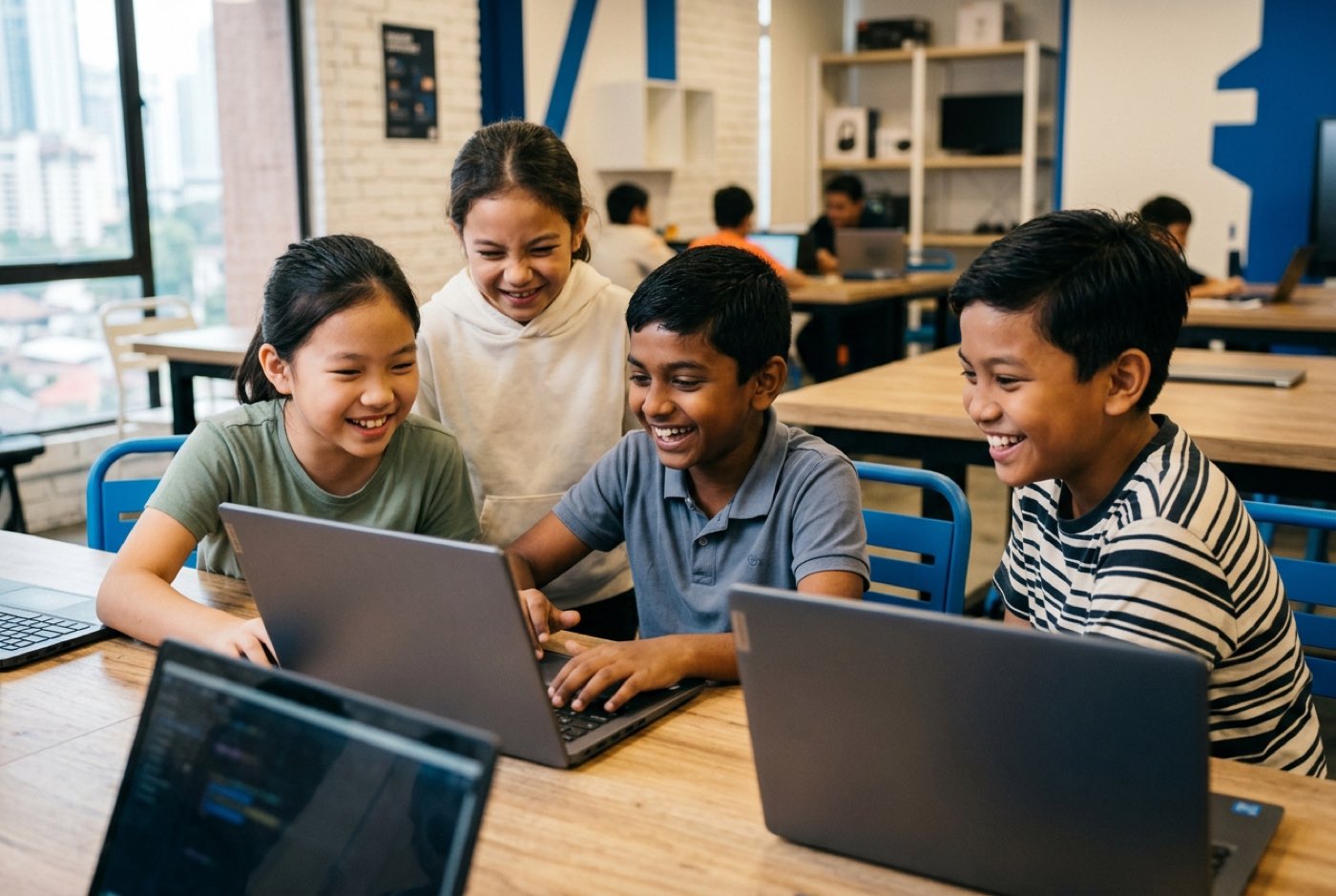 A diverse group of young students collaborating around laptops in a modern tech workshop, smiling as they test a cust...