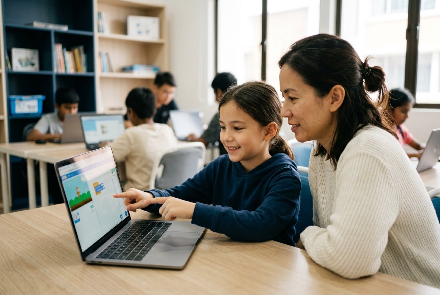 A parent sitting next to their child at a modern desk, listening attentively as the child points at an animated proje...