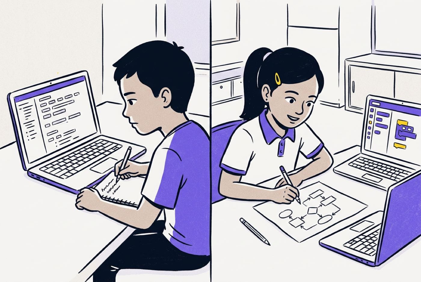 A comparison between a child passively copying text from a screen versus an engaged student sketching a flowchart log...