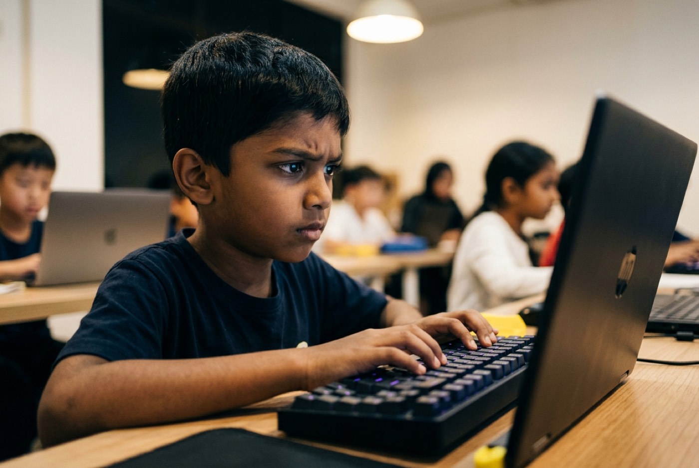 A child looking carefully at code errors highlighted on a screen while typing on a mechanical keyboard with focused e...