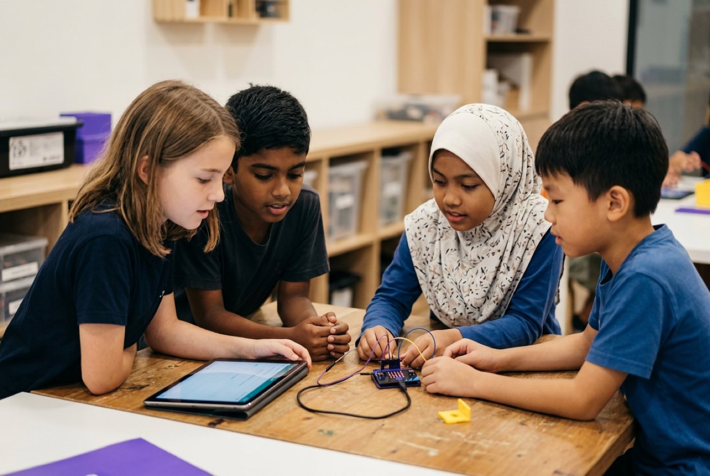 A group of diverse young students collaborating around a tablet and micro:bit microcontroller hardware in a modern br...