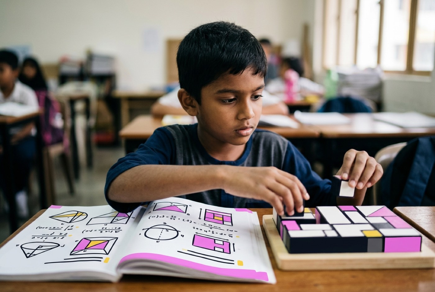 A child looking confused at a math textbook while comparing it to a visual building block puzzle on a desk