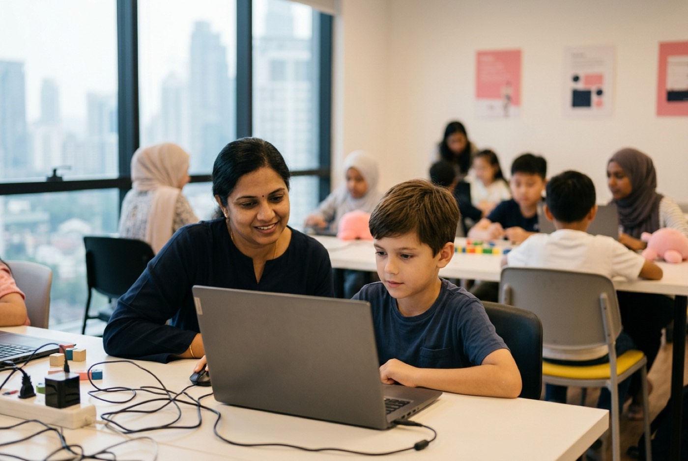 A parent sitting calmly beside a student at a computer showing interactive graphics instead of a stack of paper works...