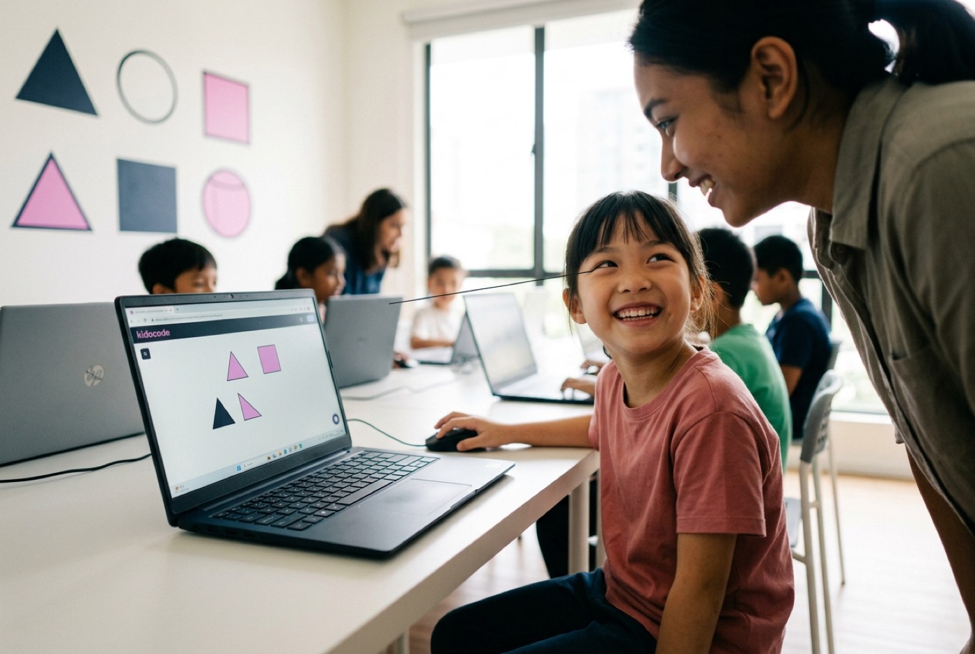 A young student smiling at a laptop screen in a bright modern classroom while showing an interactive geometry project...