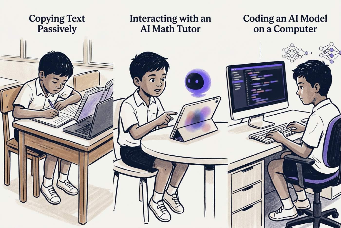 A comparison of three learning modes: a student copying text passively, a student interacting with an AI math tutor, ...