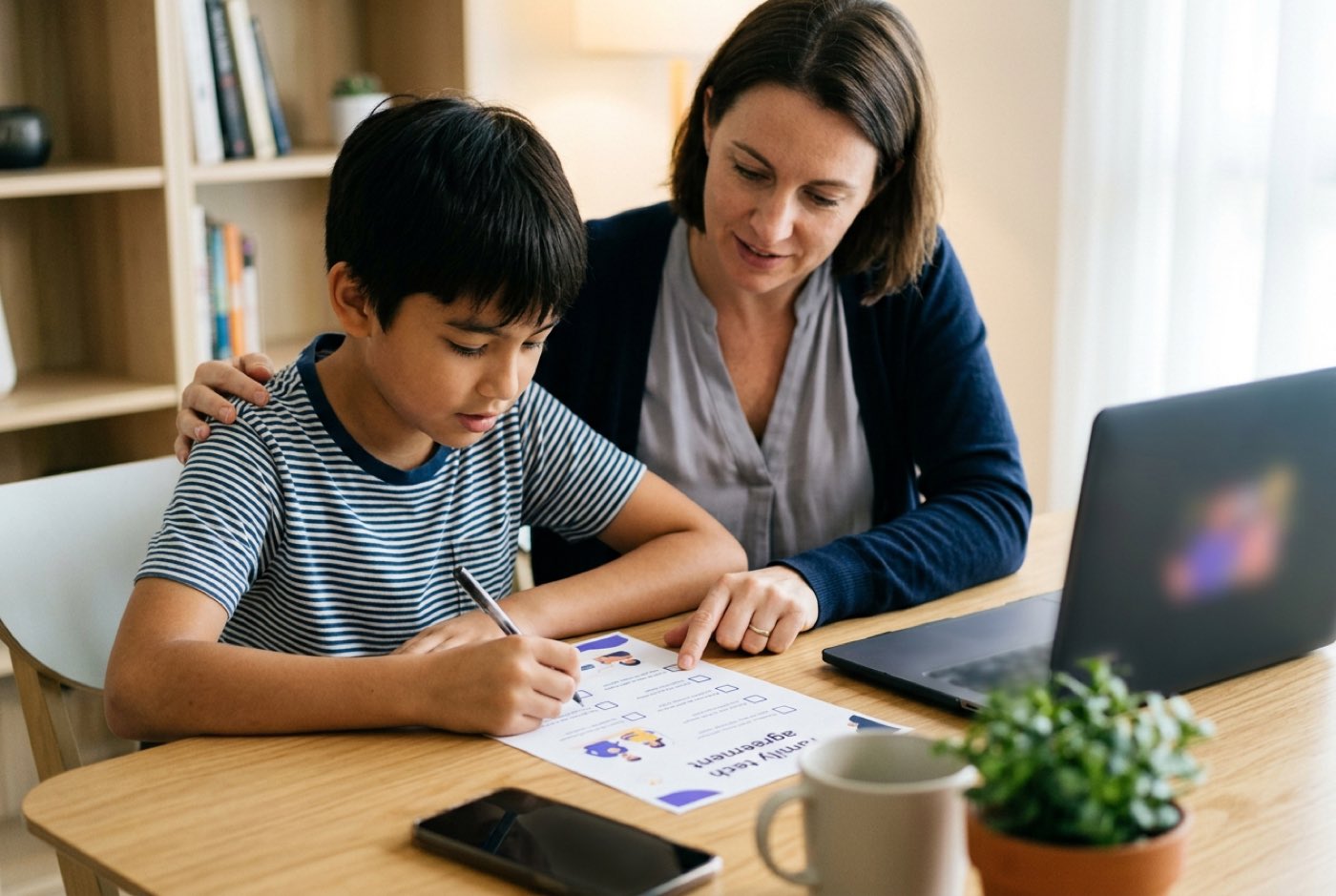 A parent and pre-teen sitting together filling out a printed family tech agreement sheet at a clean study desk