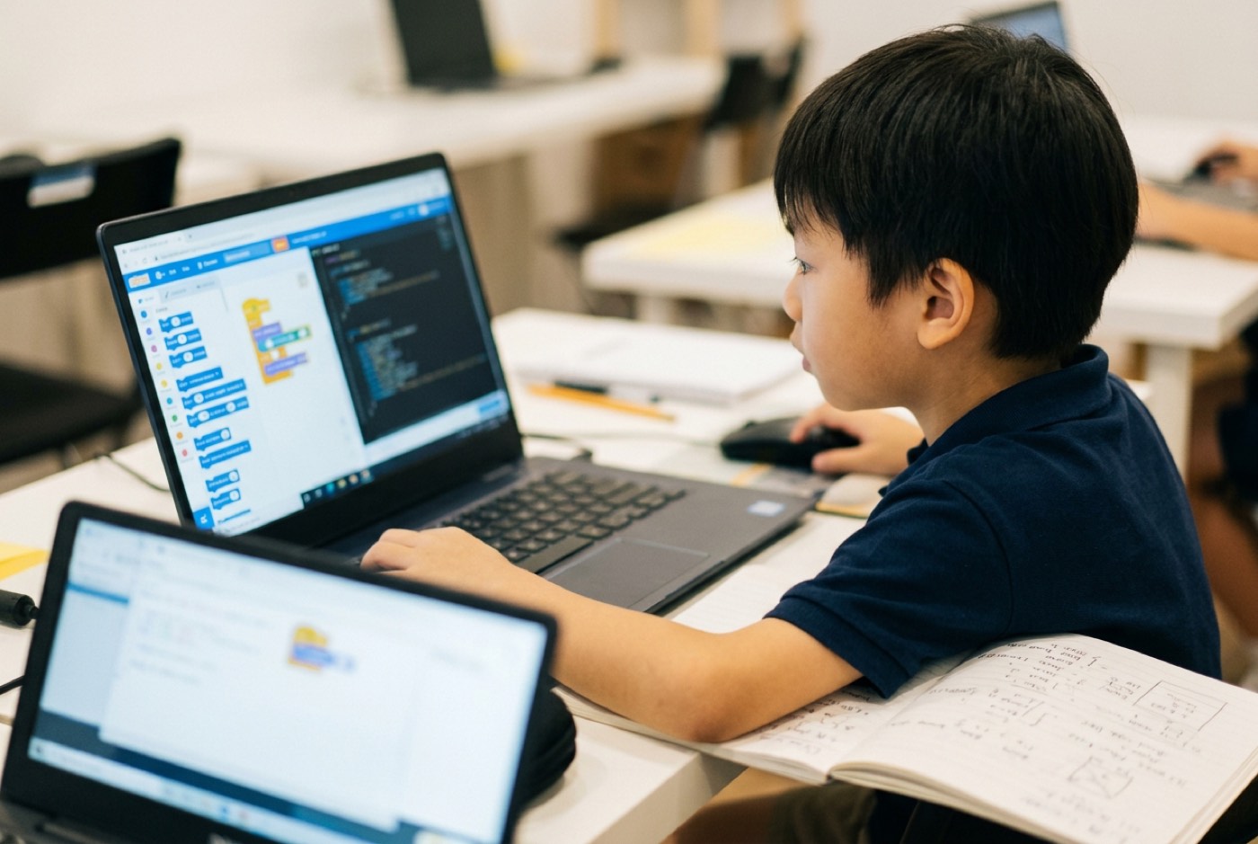 A young student working comfortably with visual and text code snippets alongside open reference notebooks on a tidy desk