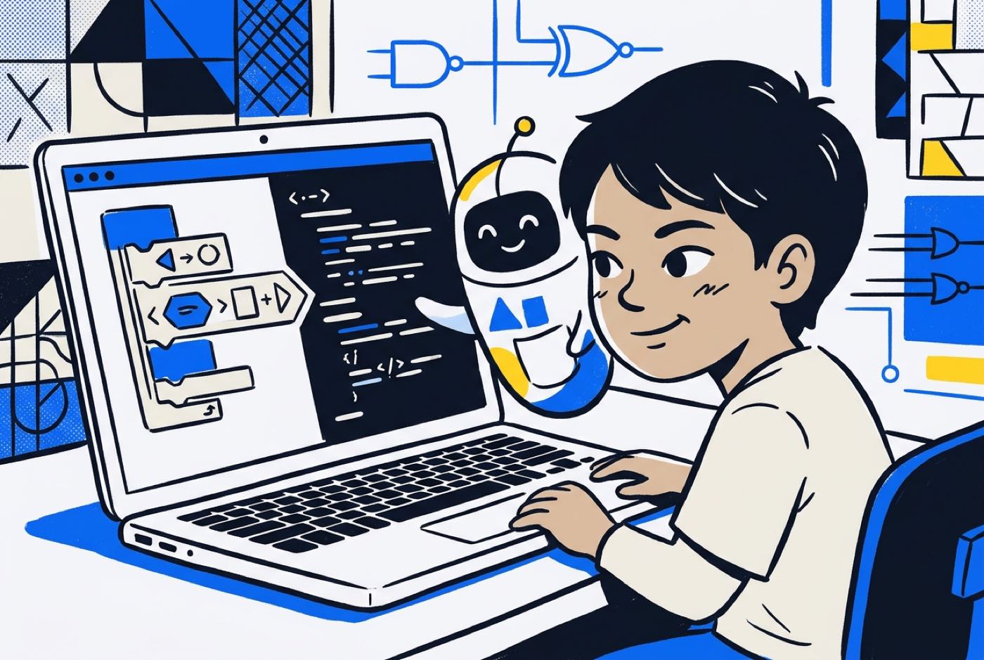 A child working alongside an AI software assistant on screen showing visual logic blocks evolving into real code