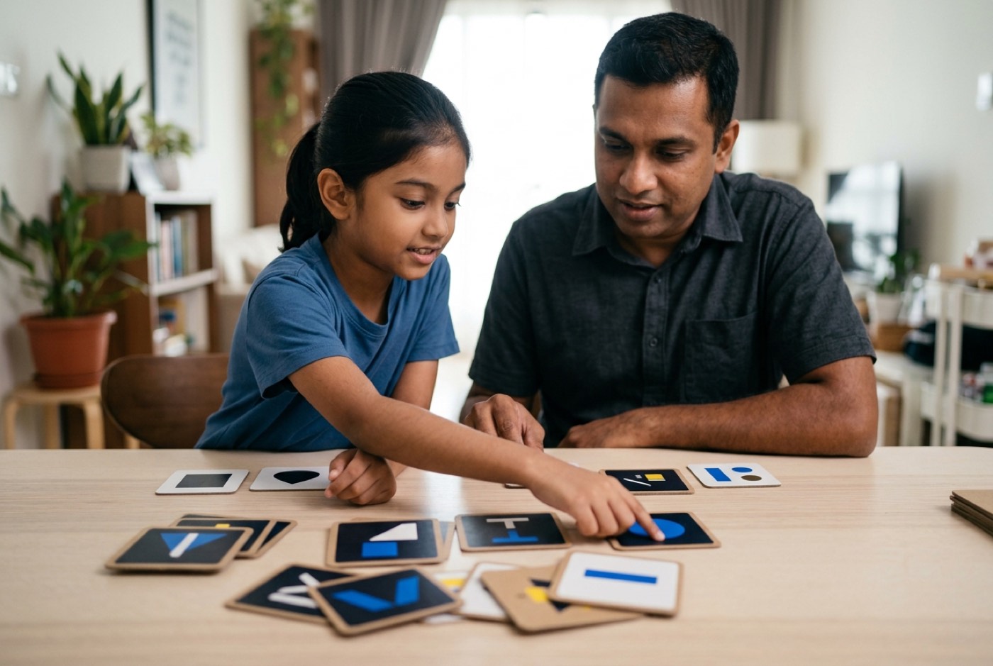 A parent and child engaging in an unplugged logic card game at a dining table at home
