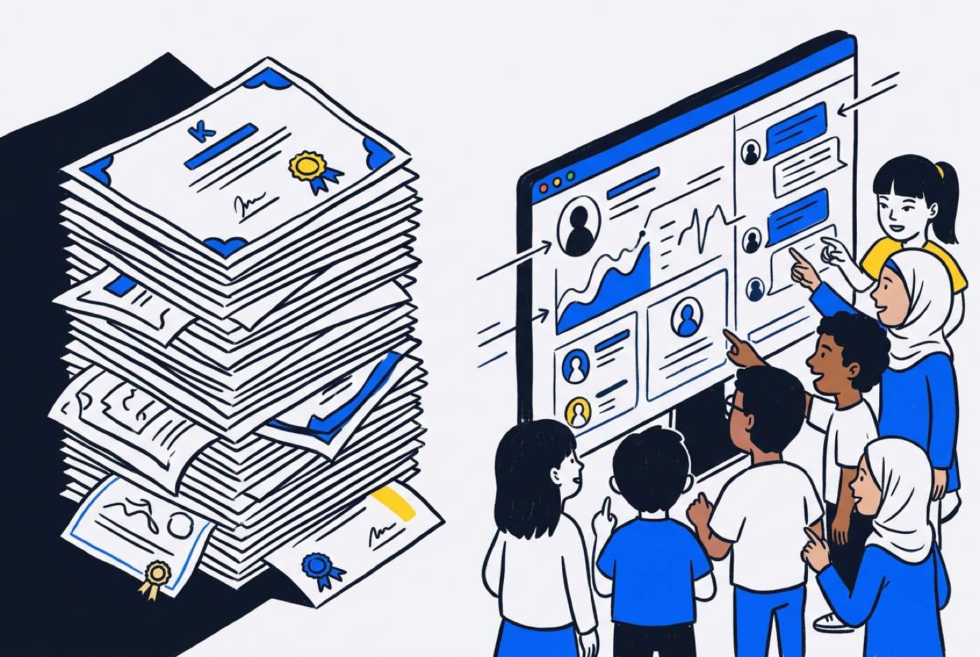 A side-by-side comparison illustrating a digital stack of standard participation certificates versus an interactive, ...