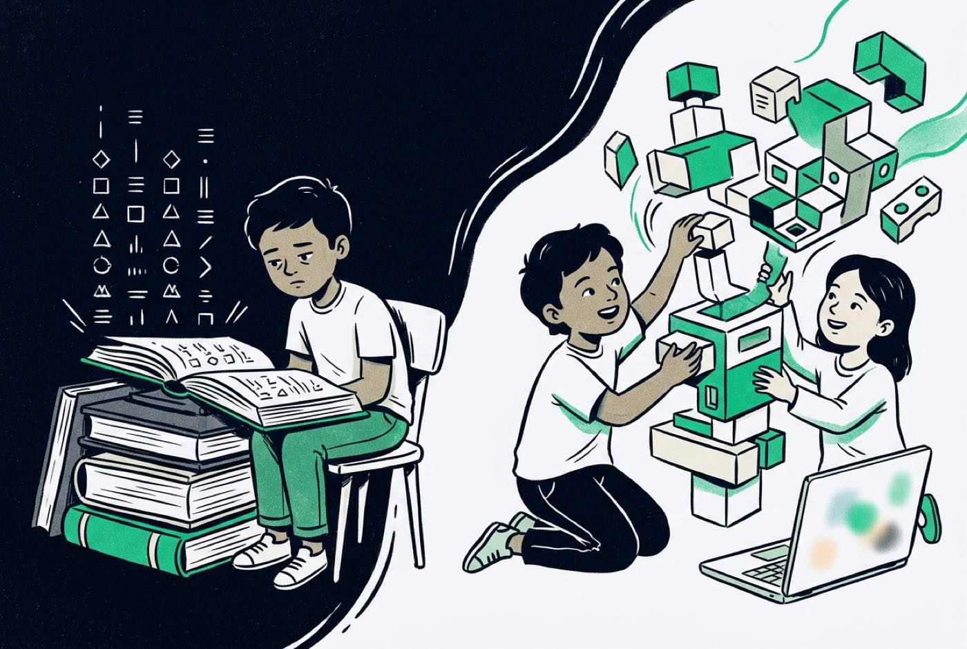 Conceptual illustration comparing passive memorization learning versus project-first active software building with mo...