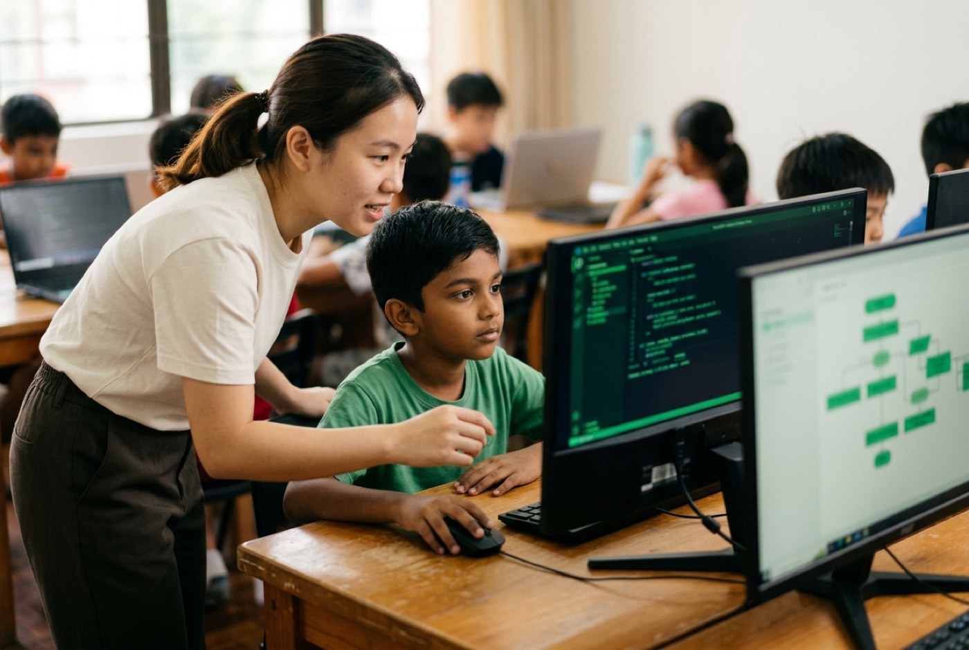 A young student working at a tidy wooden desk alongside a instructor, observing lines of Python code on a monitor wit...