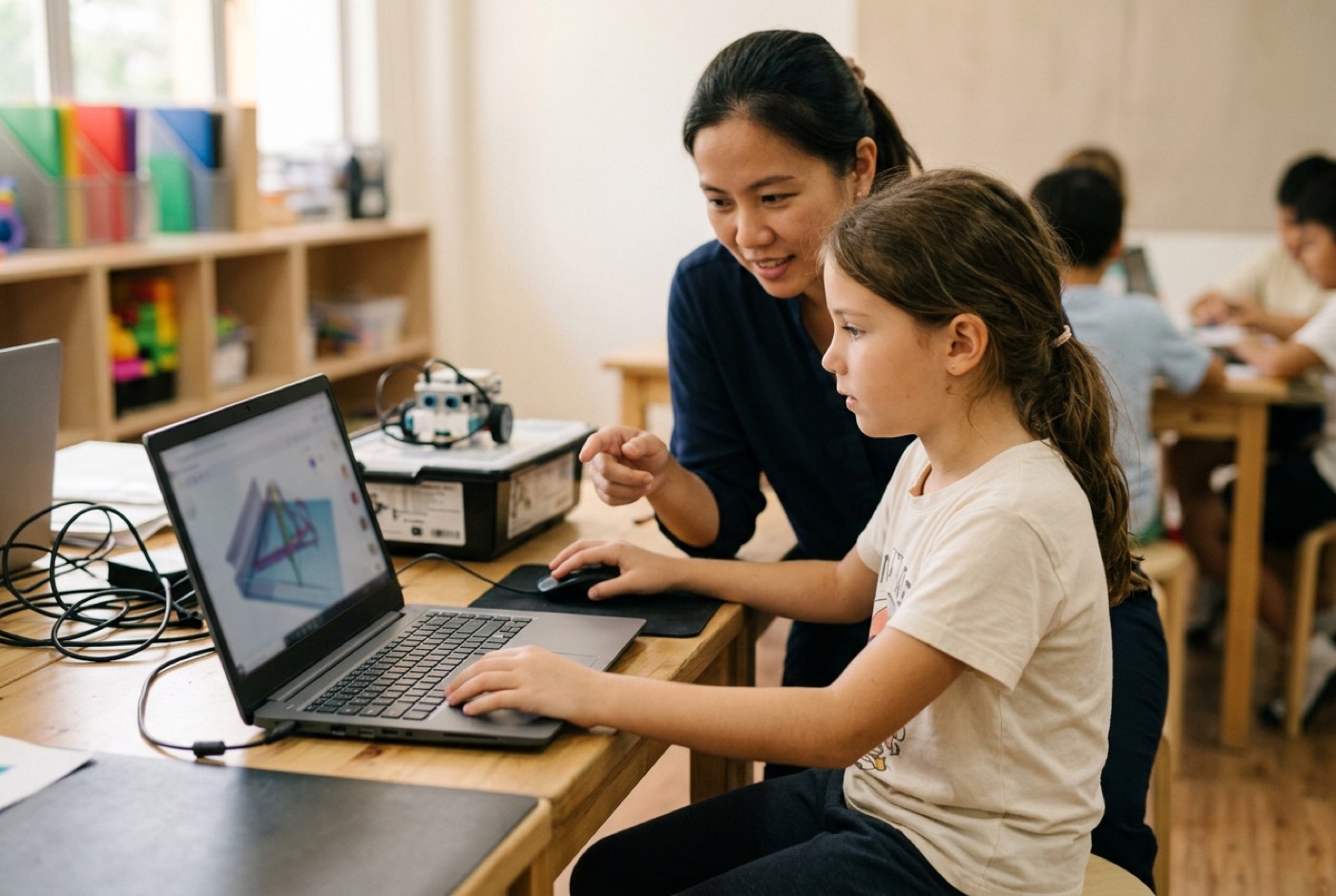 A instructor assisting a young girl who is testing a custom-built 3D project on a computer, demonstrating individuali...
